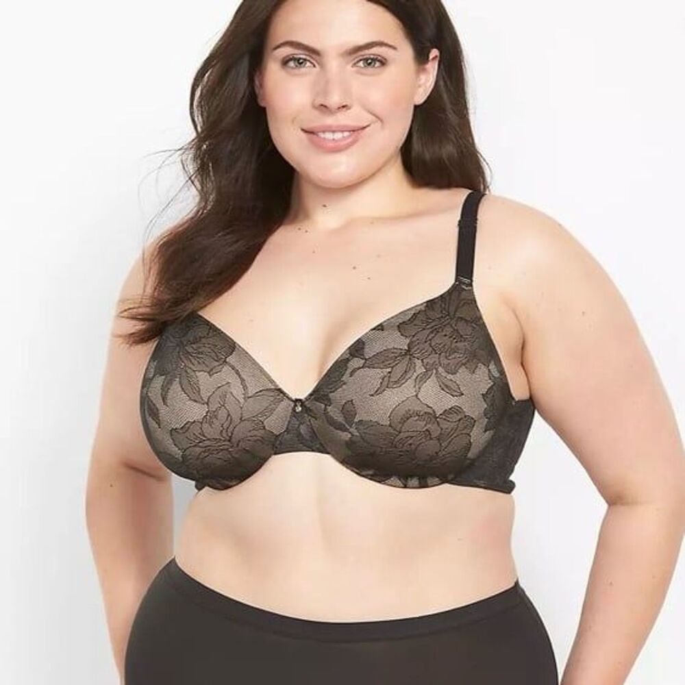 Cacique Invisible Lace Backsmoother Lightly Lined Full Coverage Bra Black 46F